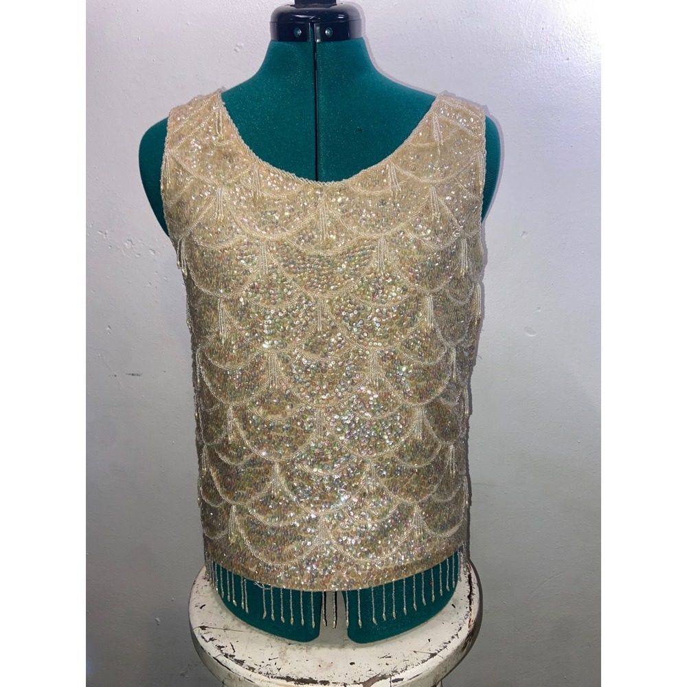 Authentic Vintage 1960s Hand Beaded Iridescent Scalloped Tank with Beaded Fringe
